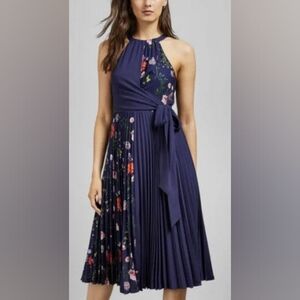 Ted Baker Navy Floral Halter Pleated Midi Wrap Dress